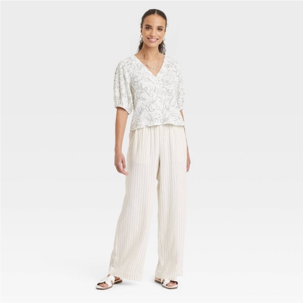 Women's Mid-Rise Wide Leg Linen Pull-On Pants - A New Day™ White Striped Medium